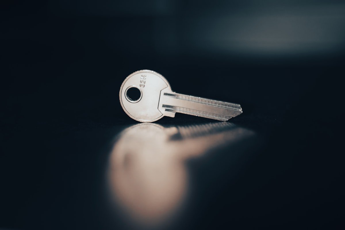 Single cut metal key on a dark surface